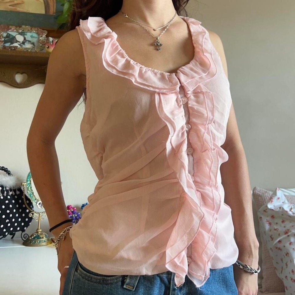 Pink Unique Ruffle Button Up Tank Top